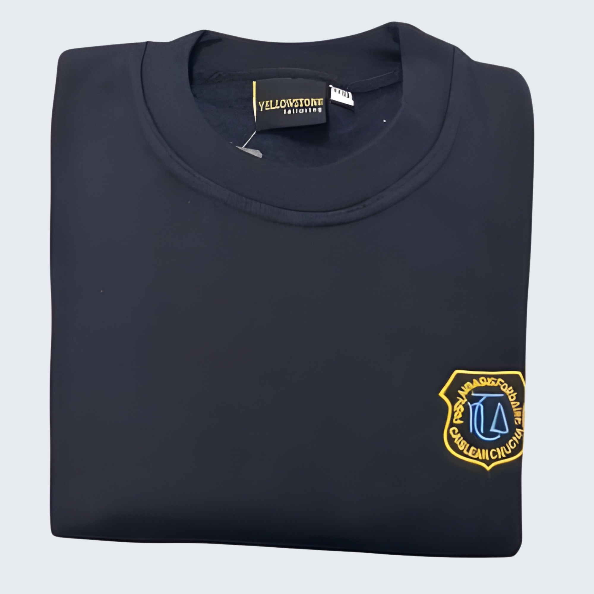 Folded black sweatshirt with a logo on a light gray background