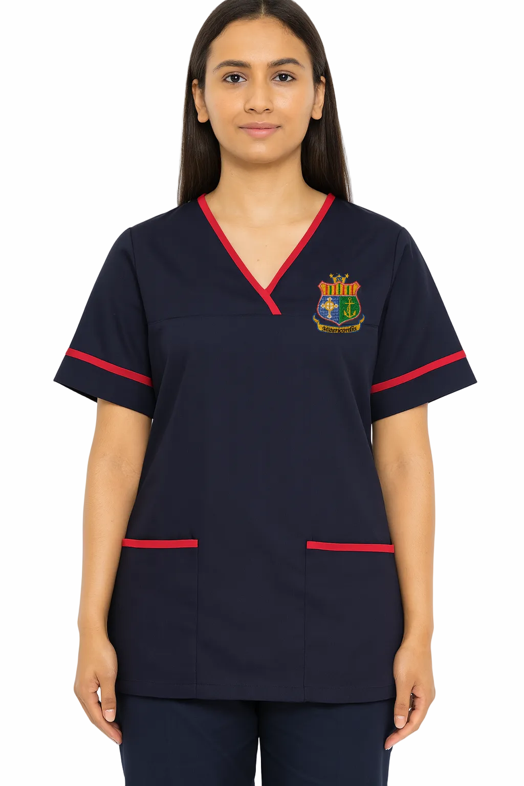 Navy blue scrub top with red accents and a logo on a white background