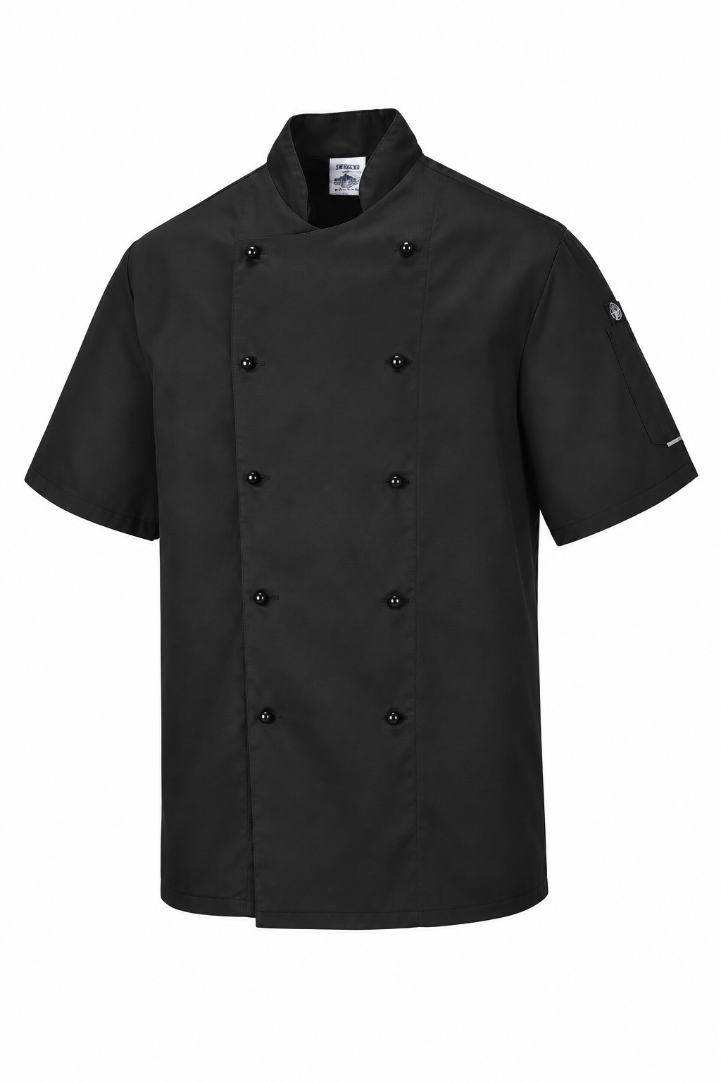 A black short-sleeve chef jacket with a double-breasted button closure, shown against a plain white background.