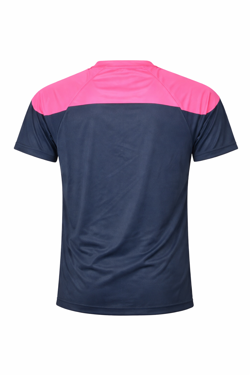 Navy blue sports jersey with pink shoulders on a white background