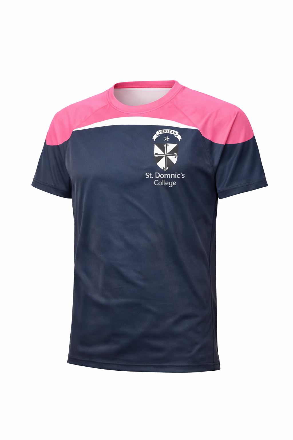 Navy and pink sports jersey with 'St. Donnch's College' logo on a white background