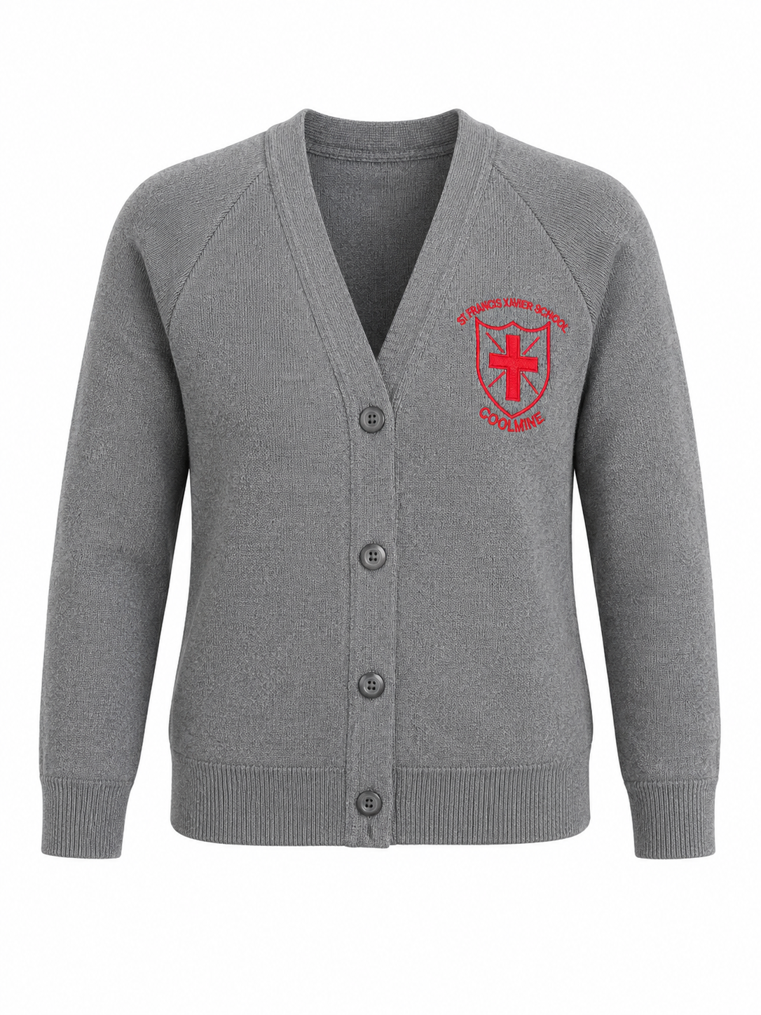 A gray knit cardigan sweater with a V-neck, button-front closure, raglan sleeves, and a red embroidered school crest on the left chest, shown on a plain white background.