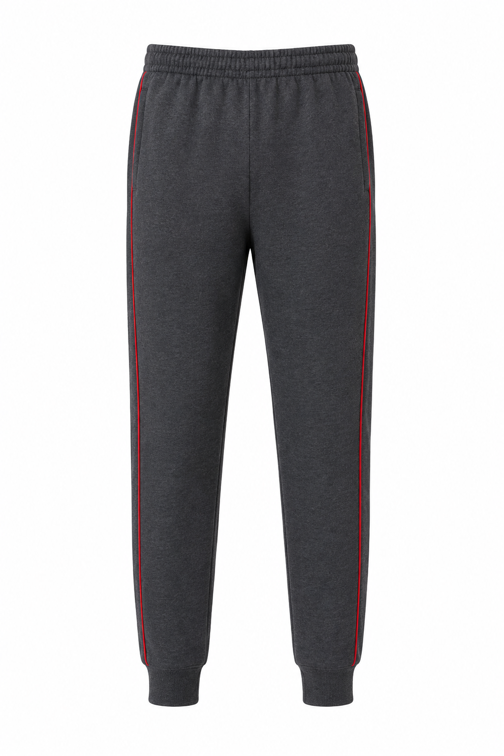 Dark gray heather sweatpants with red and white side stripes, featuring an elastic waistband and ribbed ankle cuffs, shown against a plain white background.