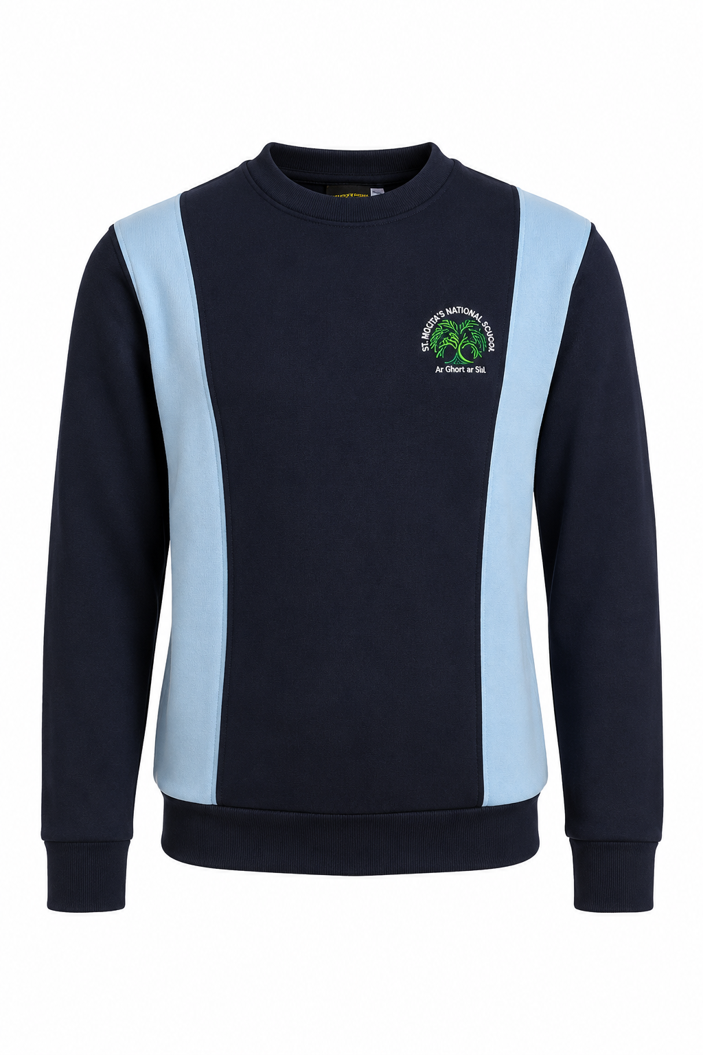 A navy blue crewneck sweatshirt with light blue colorblock panels on the shoulders and sides, featuring a green and white school crest on the left chest.