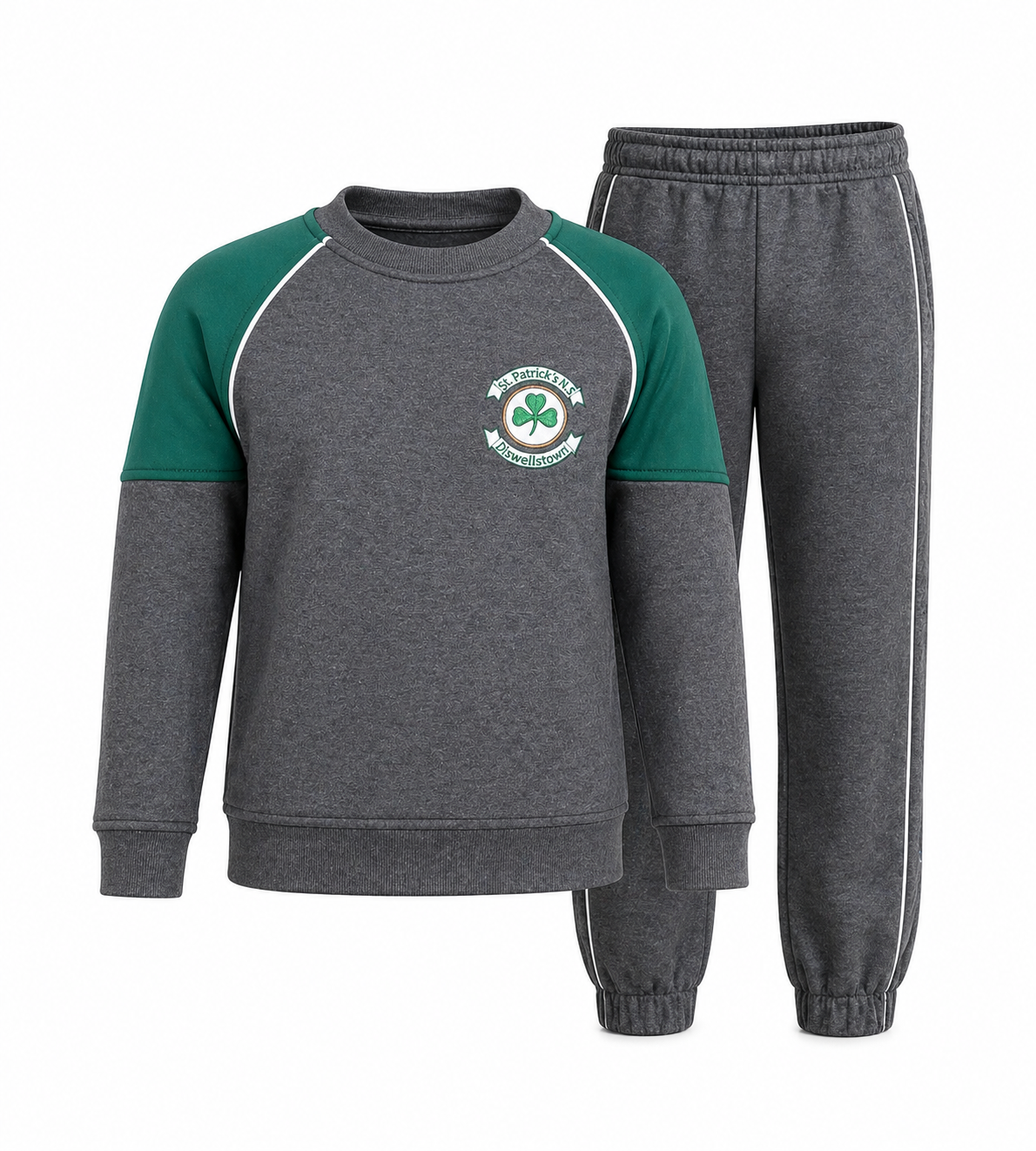 Gray and green sweatshirt and pants set with a logo on a white background
