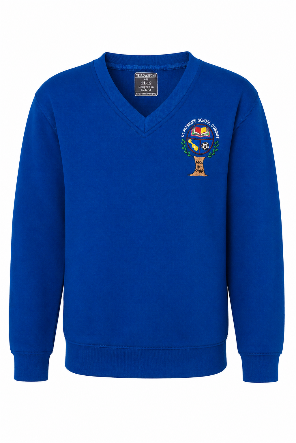 Blue sweater with a school emblem on a white background