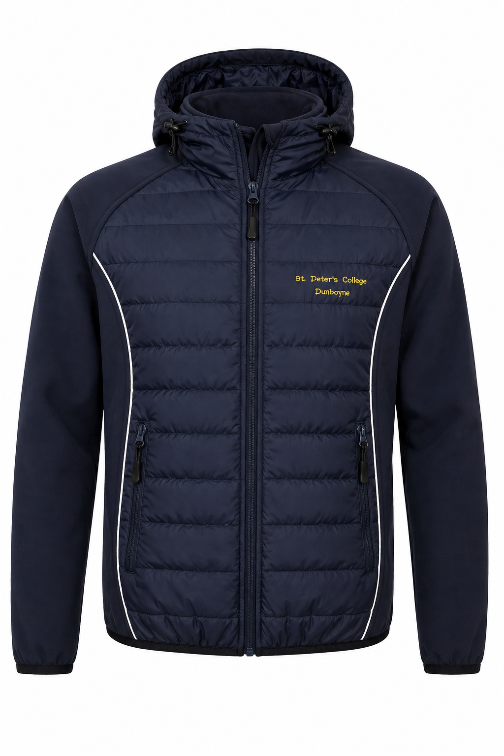 Navy blue quilted jacket with white accents on a white background