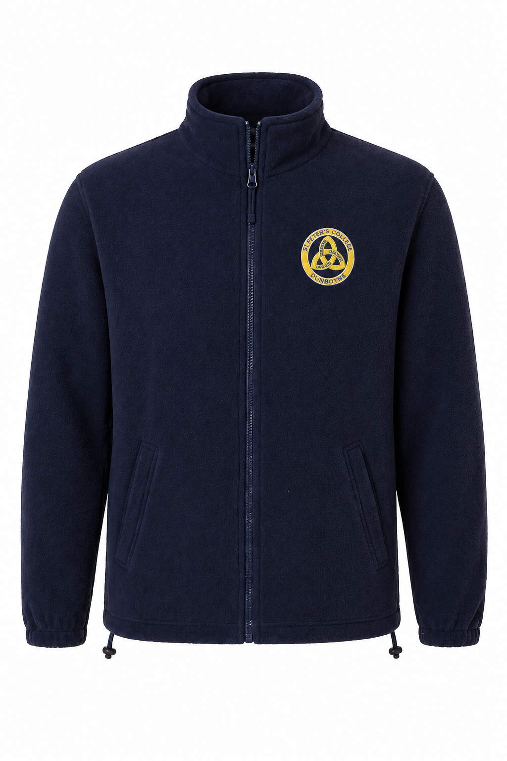 Navy blue fleece jacket with a yellow logo on a white background