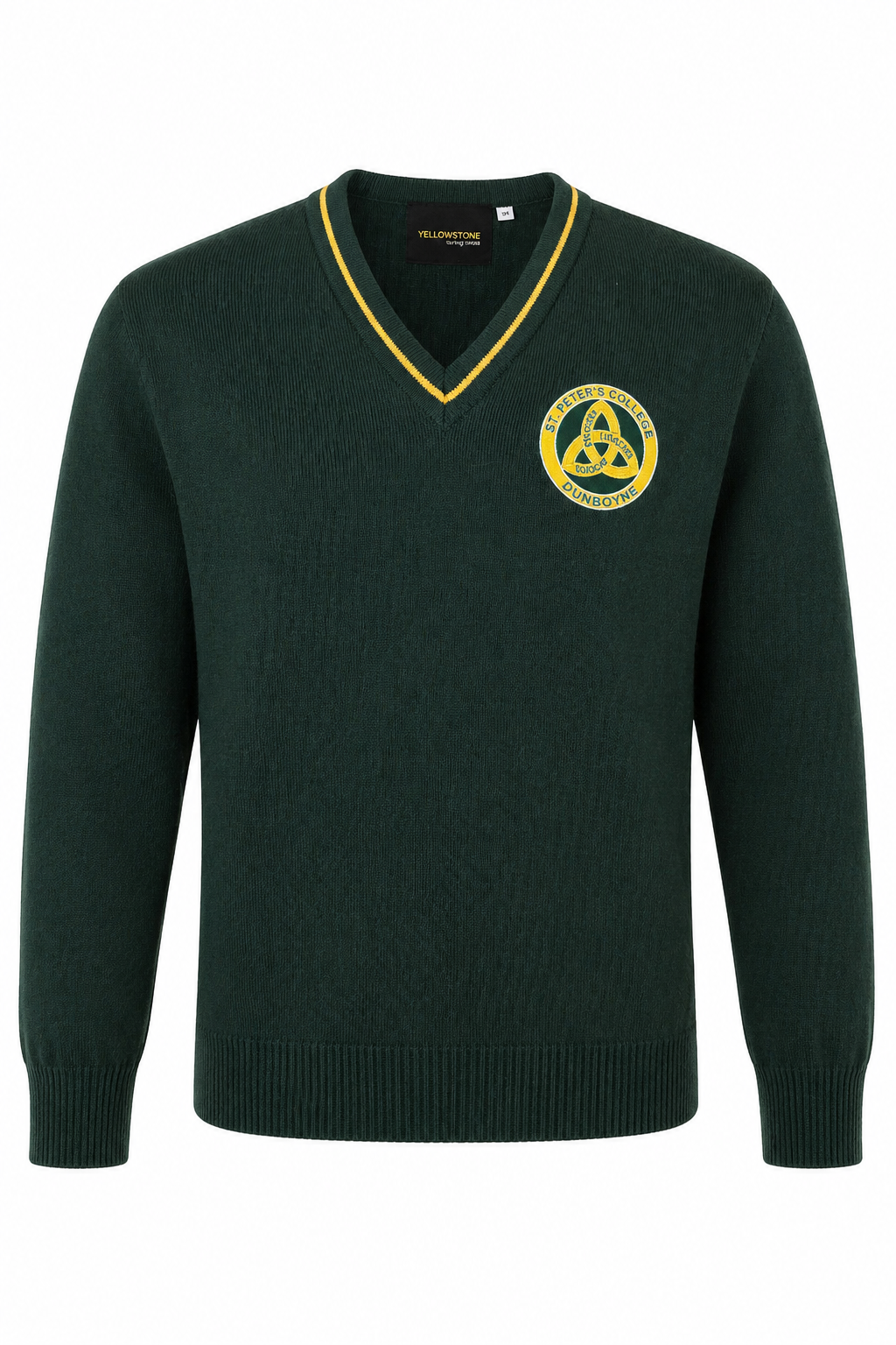 Green sweater with a yellow emblem on a white background