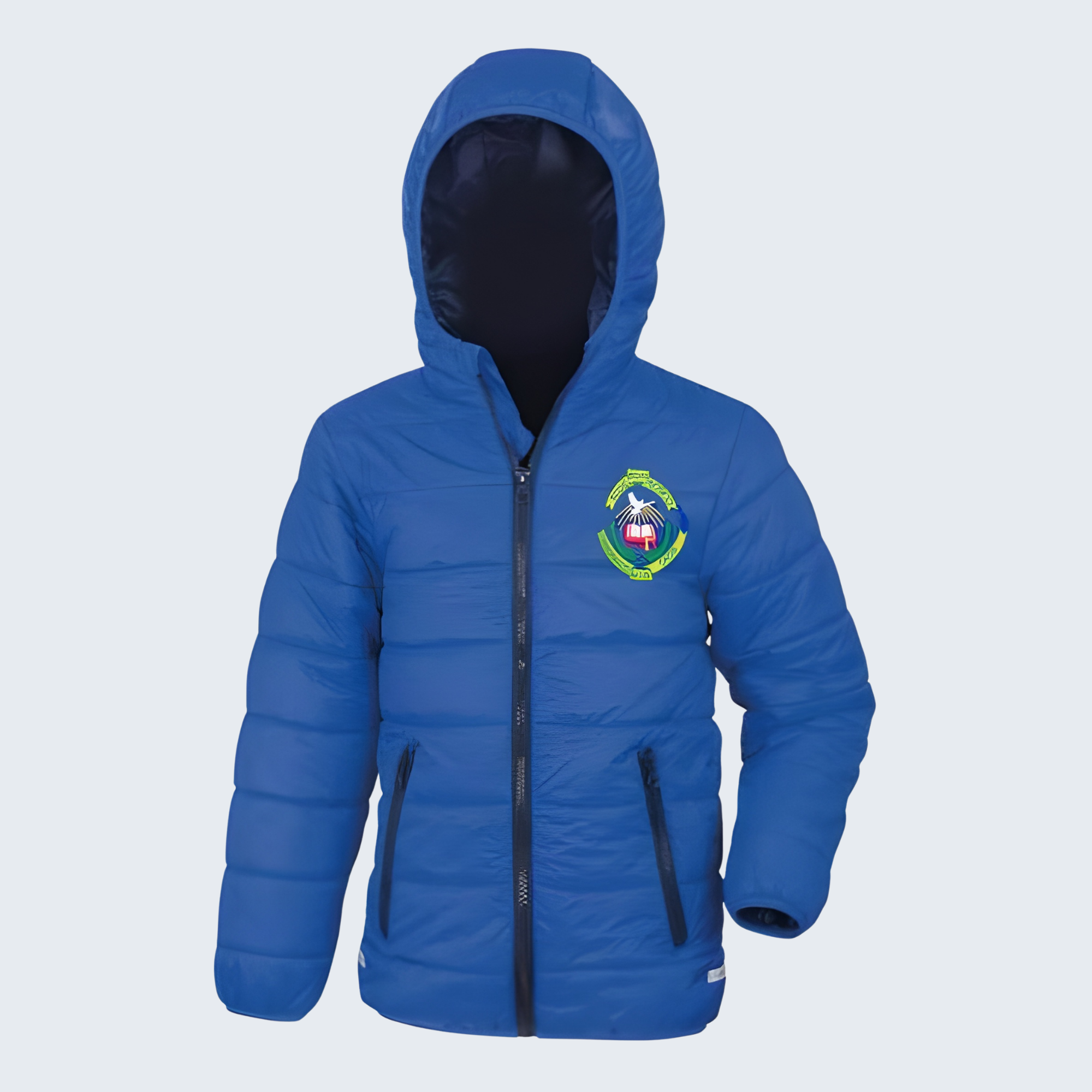 Blue puffer jacket with a logo on a light gray background