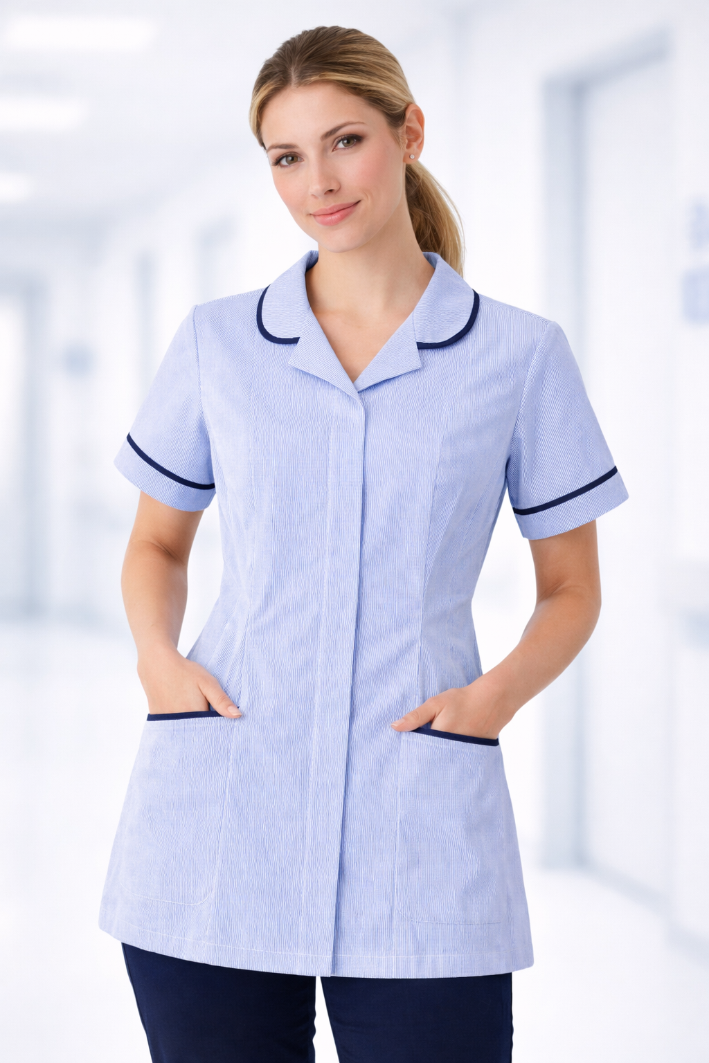 Woman wearing a light blue with dark trim against a blurred indoor background