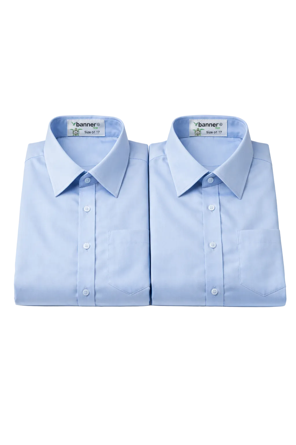 Two folded light blue dress shirts with a brand label on a white background