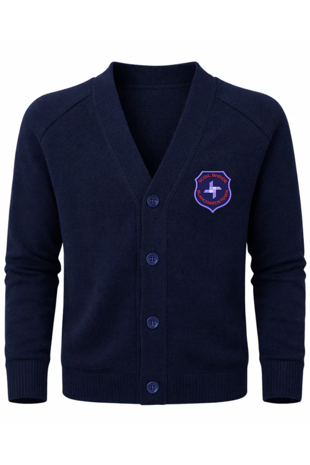 Navy blue cardigan with a emblem on a white background