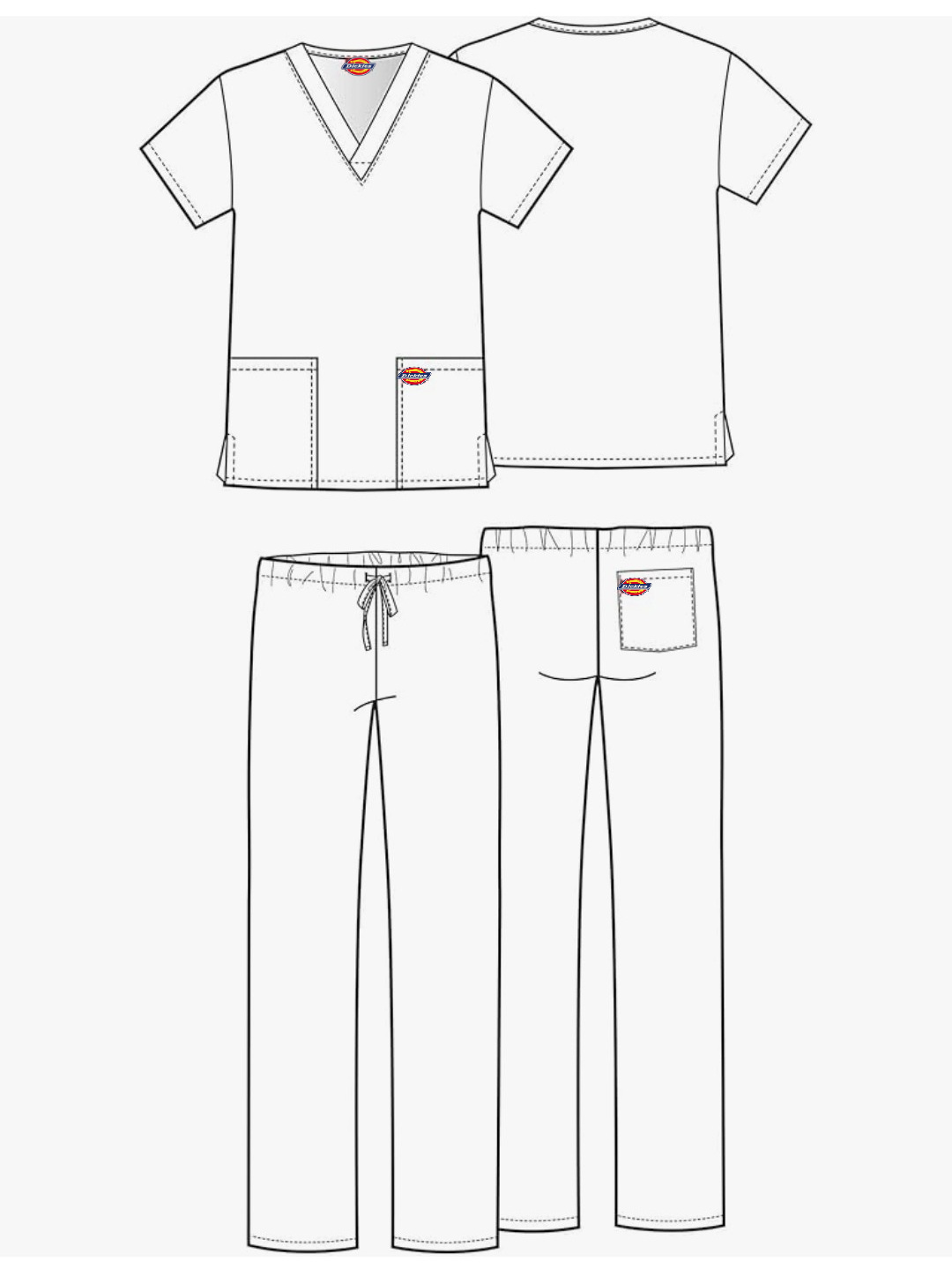 Outline of a white scrub set with a logo on a white background