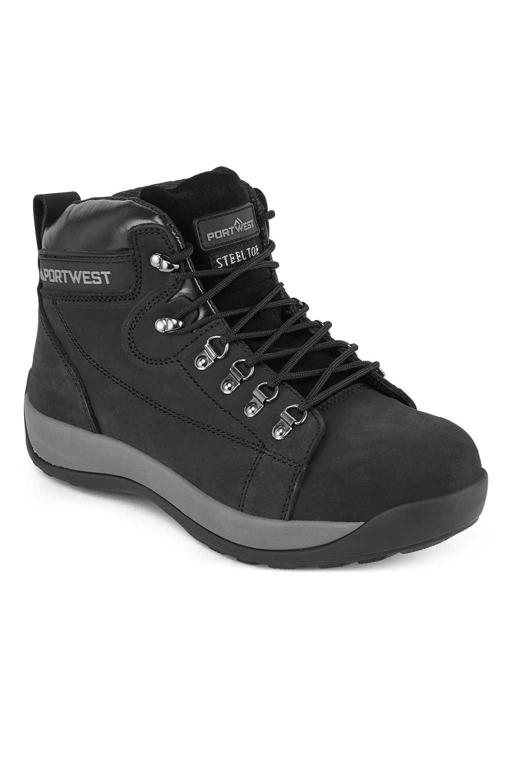 Black hiking boot with gray sole on a white background