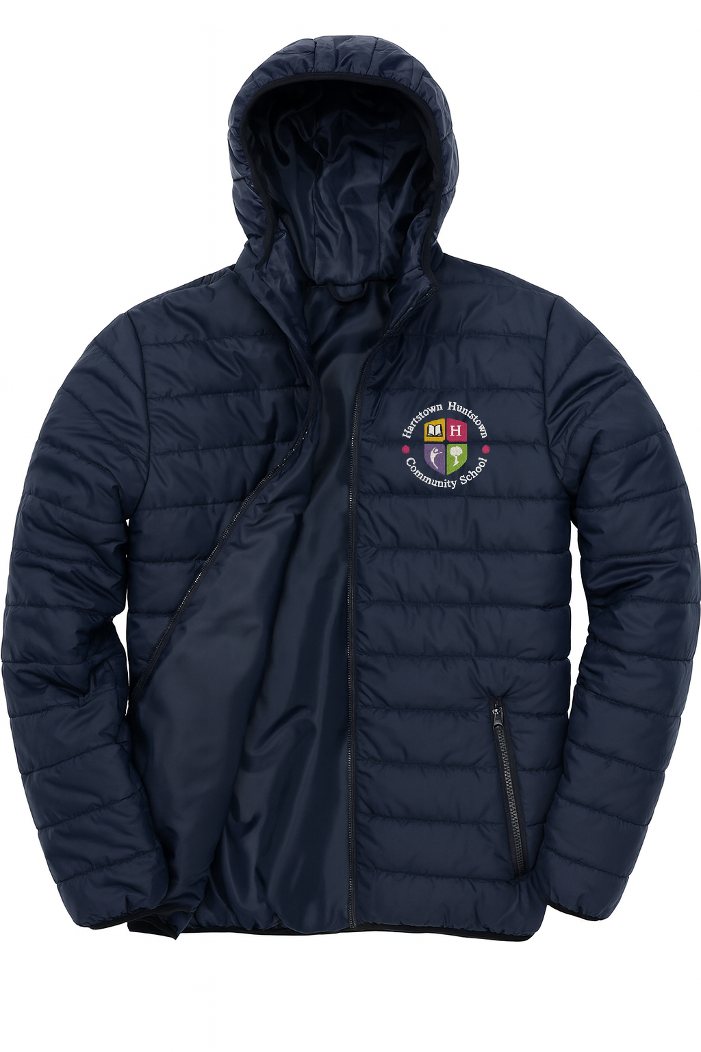 Navy blue puffer jacket with a logo on a white background