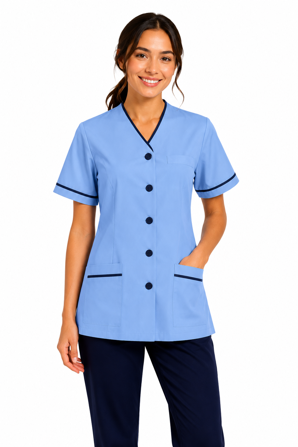 Woman wearing a light blue scrub top with black trim on a white background