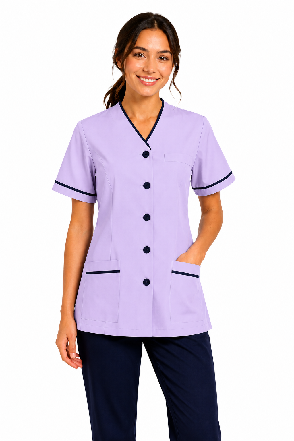 Woman wearing a purple uniform with black trim on a white background