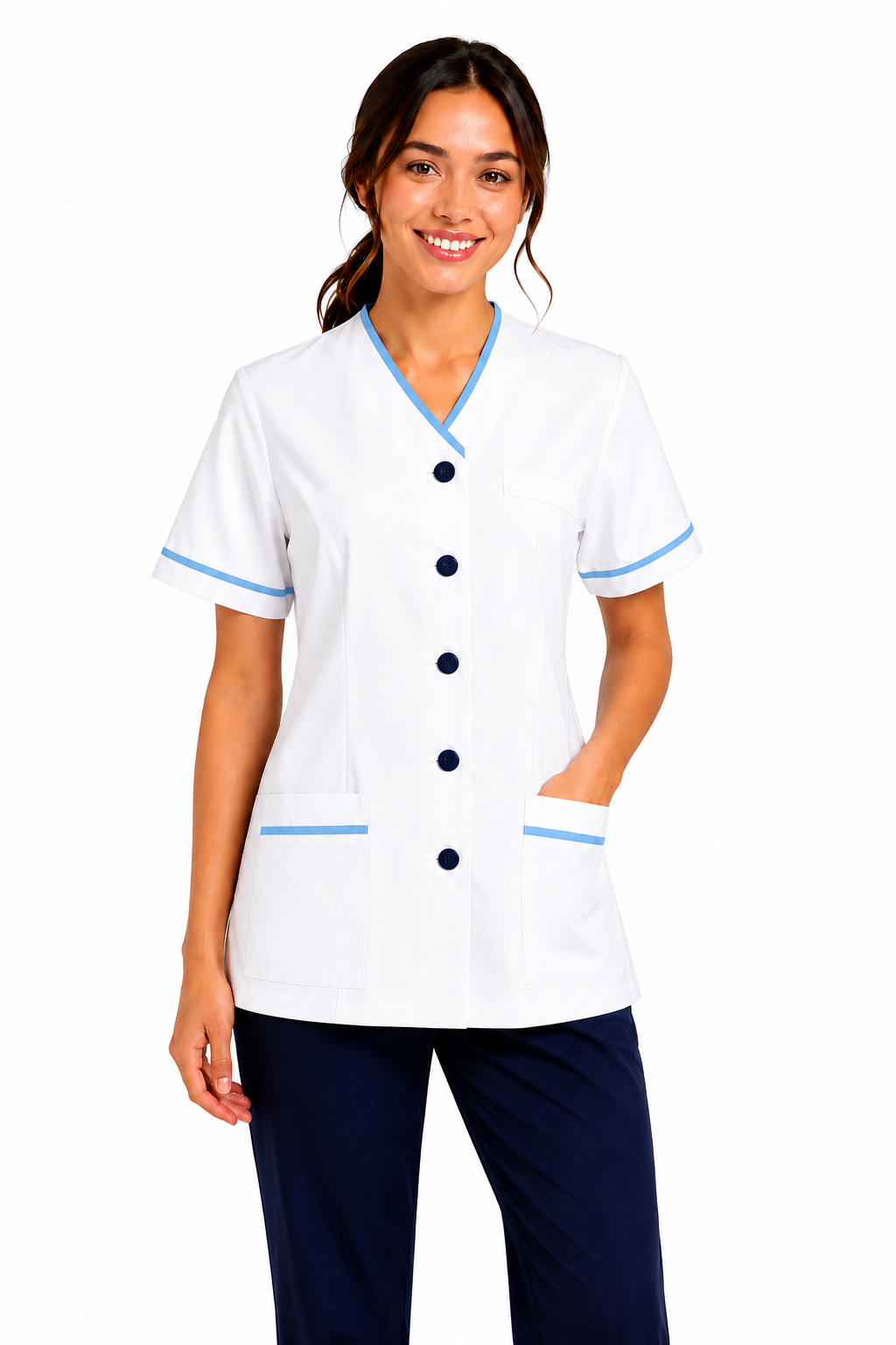 Woman wearing a white uniform with blue trim on a white background