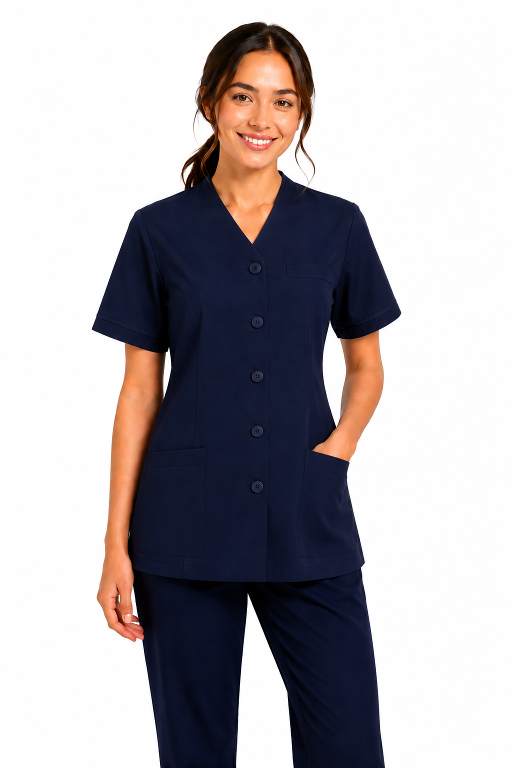 Woman wearing a navy blue scrub set on a white background