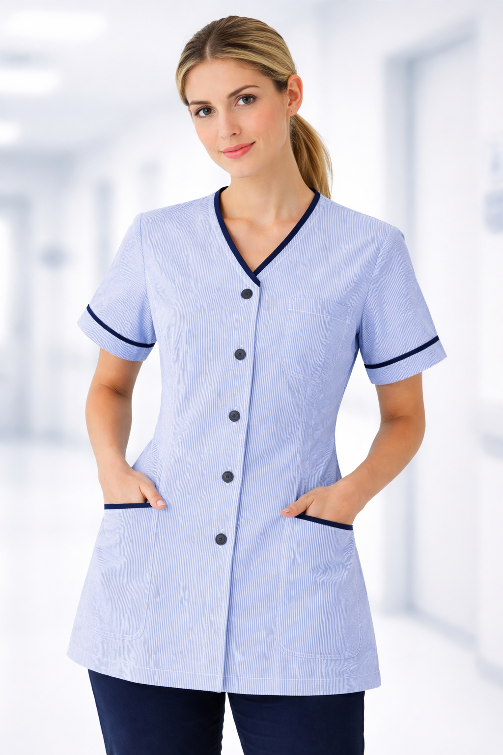 Woman wearing a light blue with dark trim against a blurred indoor background