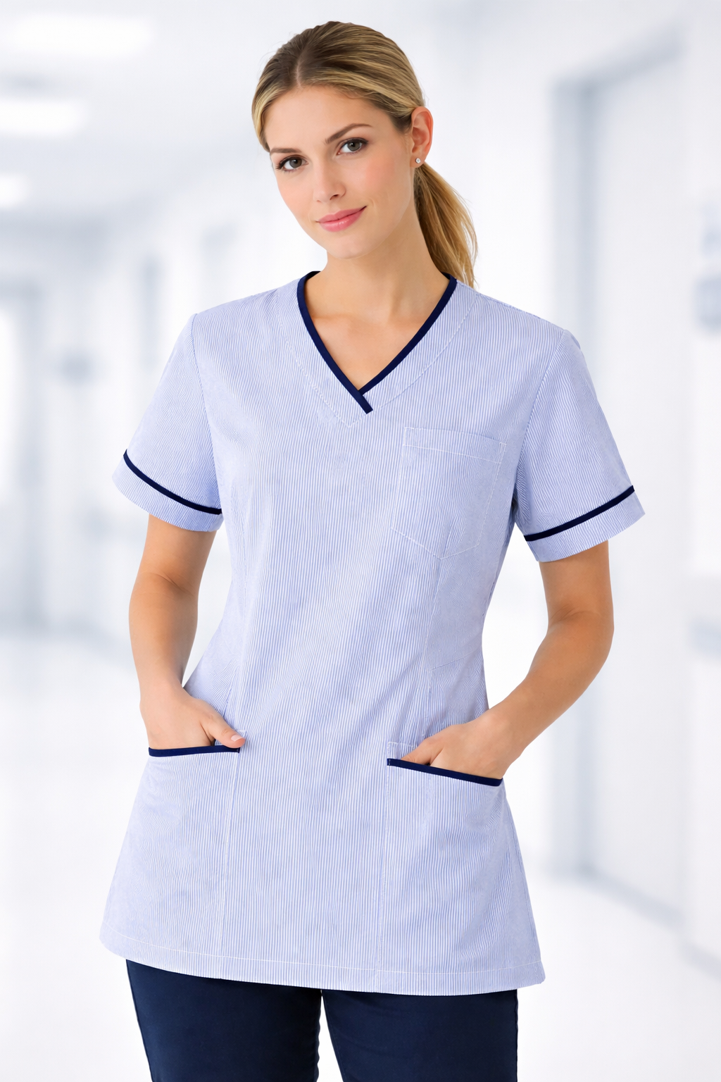Woman wearing a light blue scrub top with dark trim against a blurred indoor background