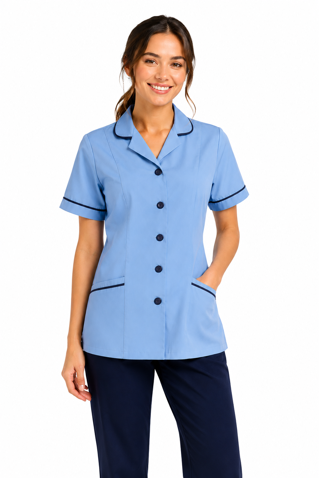 Woman wearing a light blue tunic with dark trim on a white background