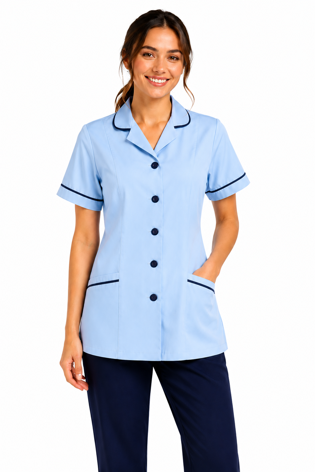Woman wearing a light blue uniform with black trim on a white background