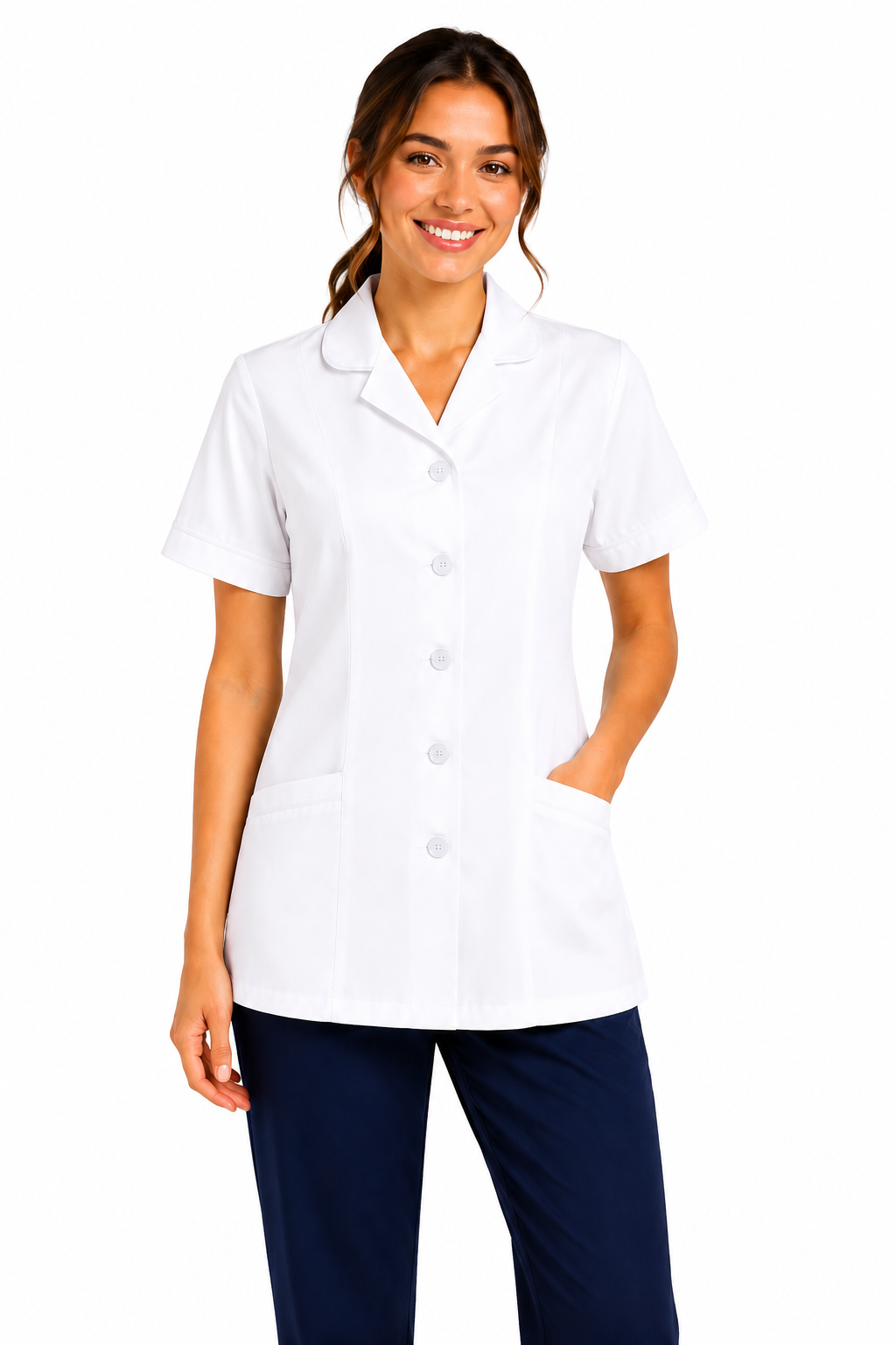 Woman wearing a white short-sleeve shirt with buttons on a white background