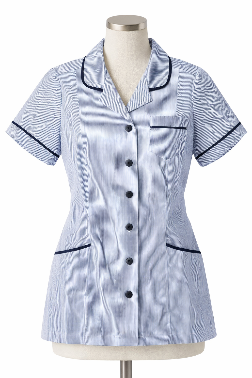 Blue and white striped uniform shirt on a mannequin with black piping
