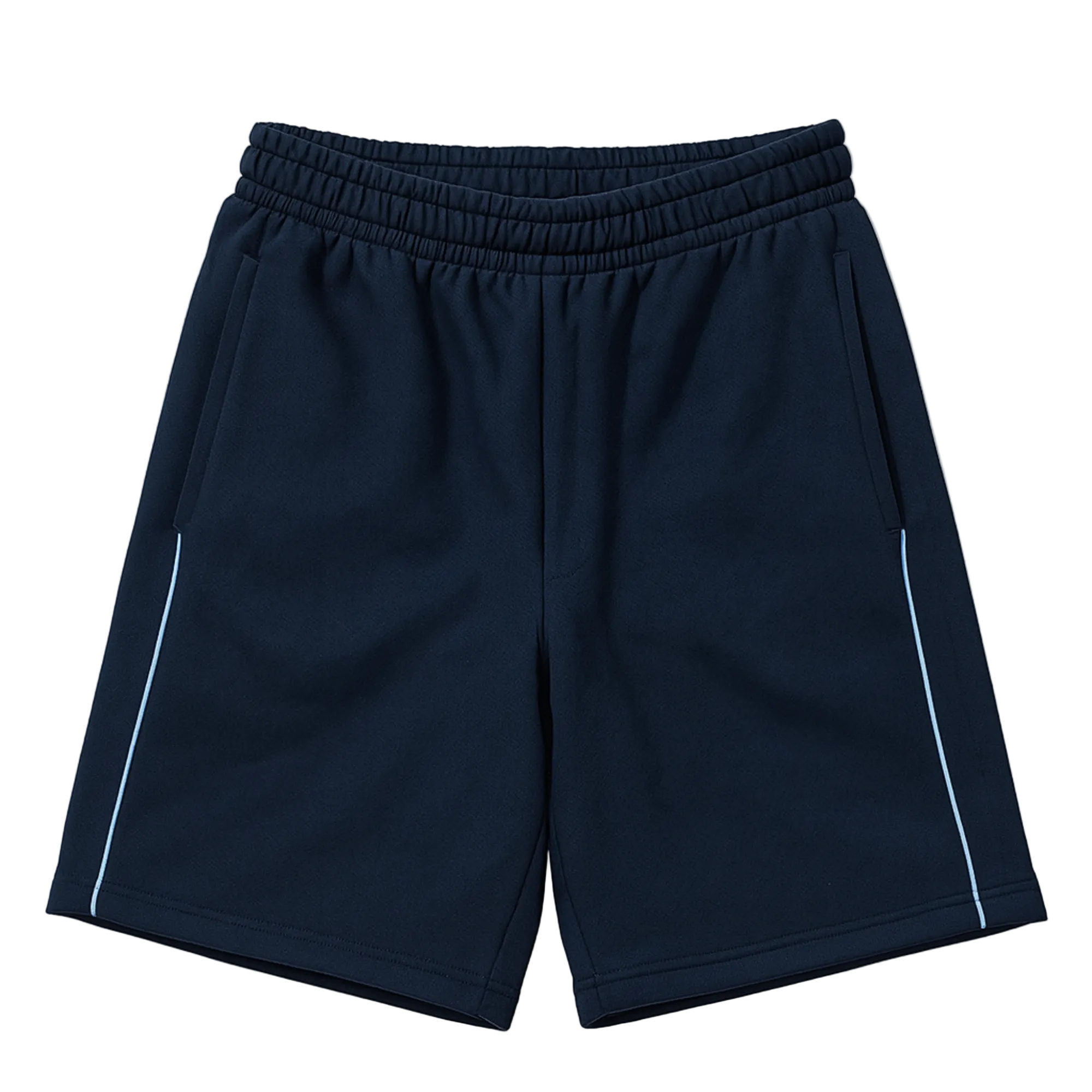 Navy blue shorts with white piping on a white background