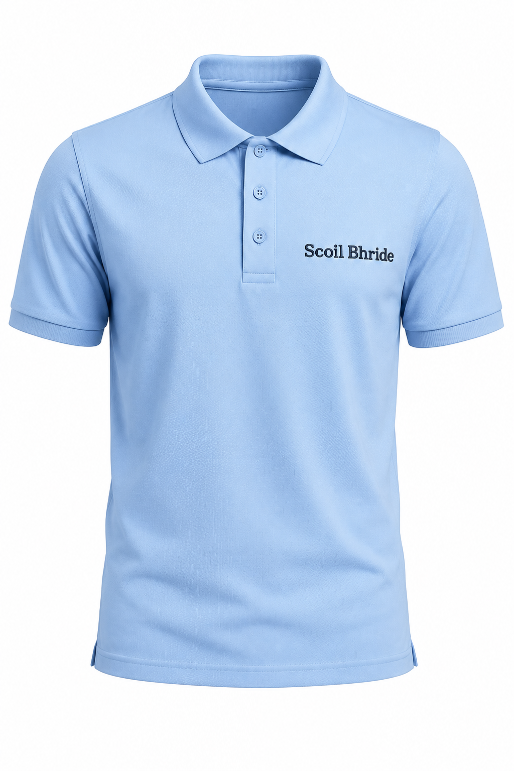 Light blue polo shirt with 'Scoll Bhride' text on a white background