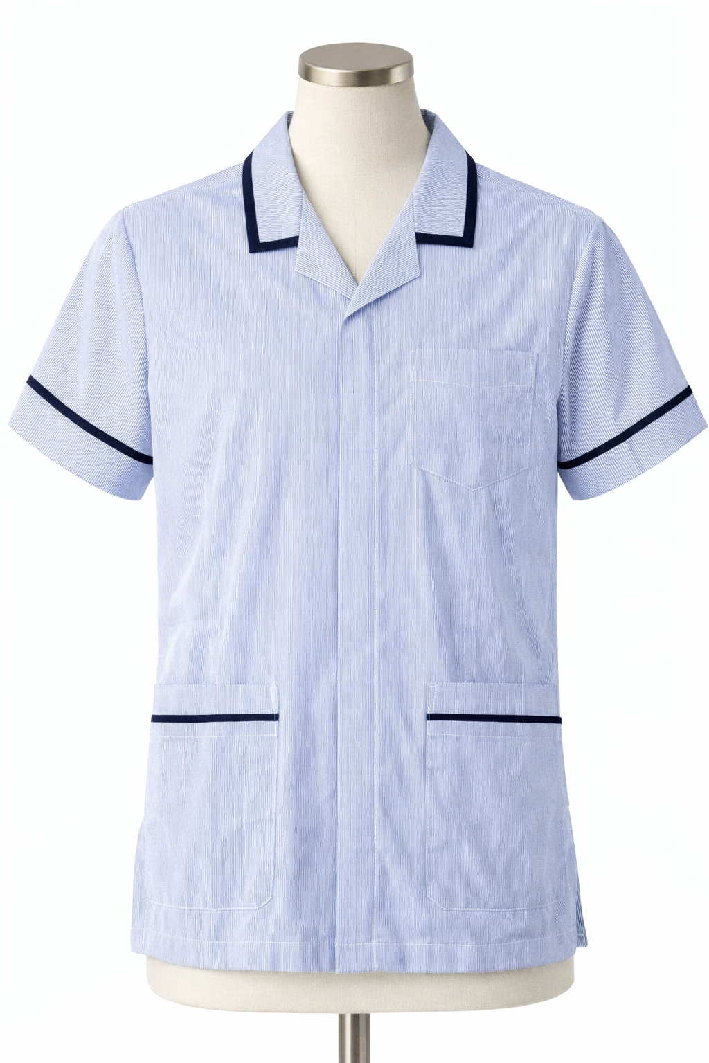 Light blue shirt with dark trim on a mannequin against a white background