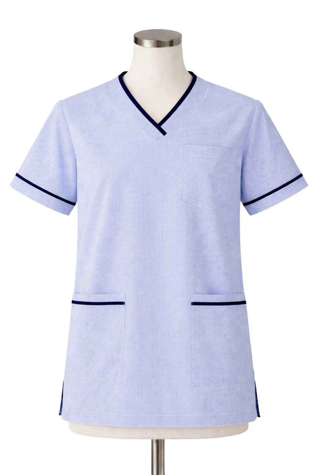 Light blue scrub top with dark trim on a mannequin against a white background