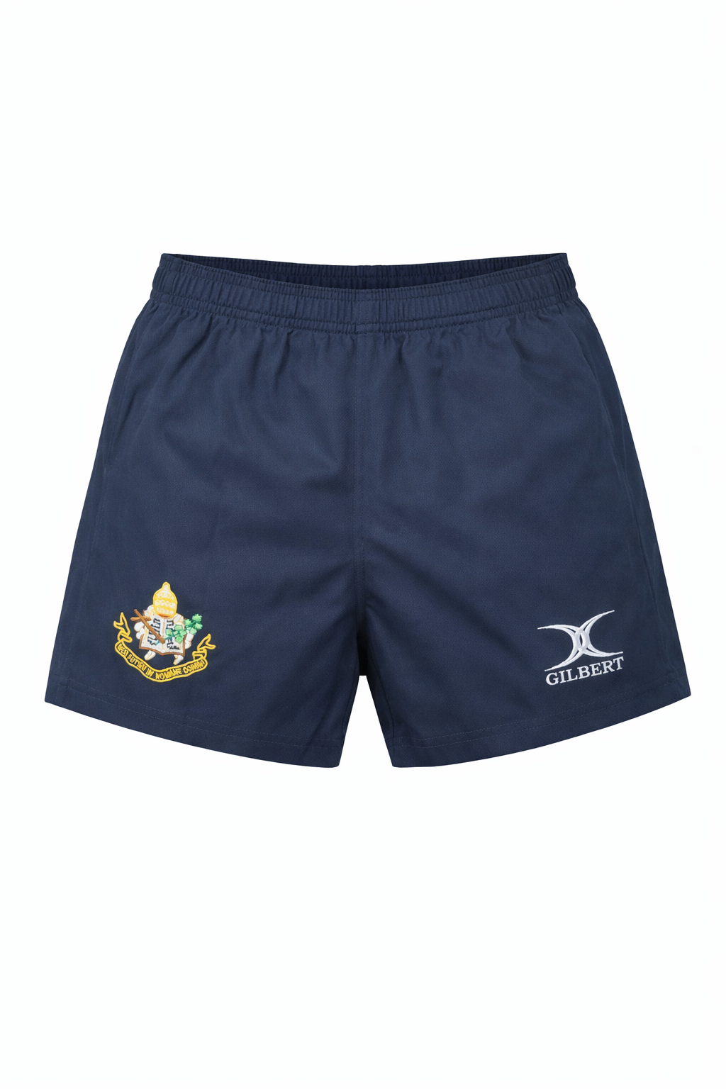 Navy shorts with a logo on a white background