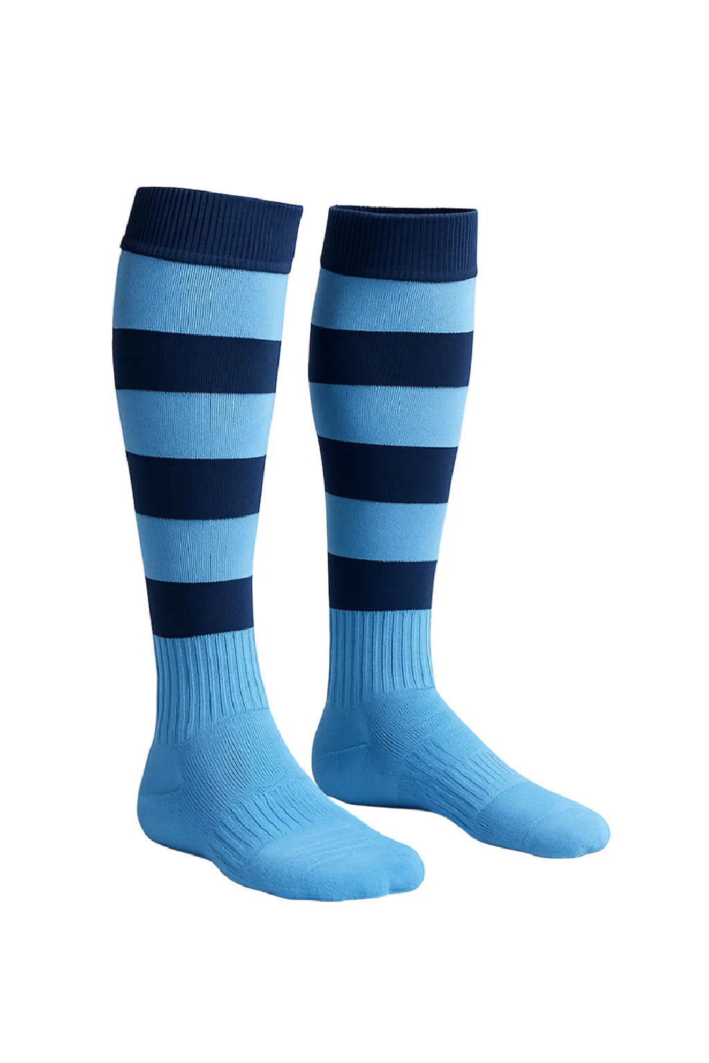 Pair of blue and navy striped knee-high socks on a white background