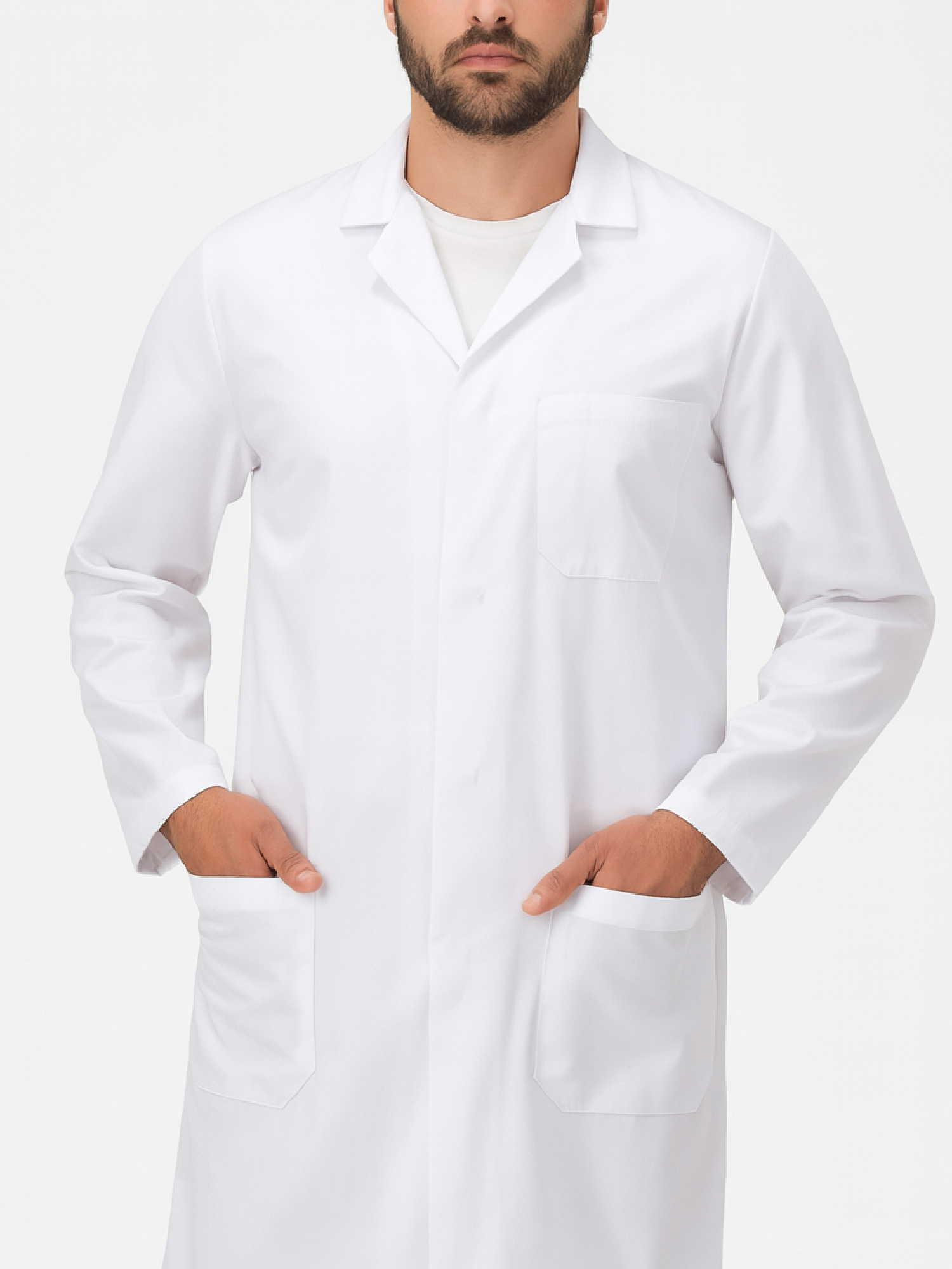 Person wearing a white lab coat on a plain background