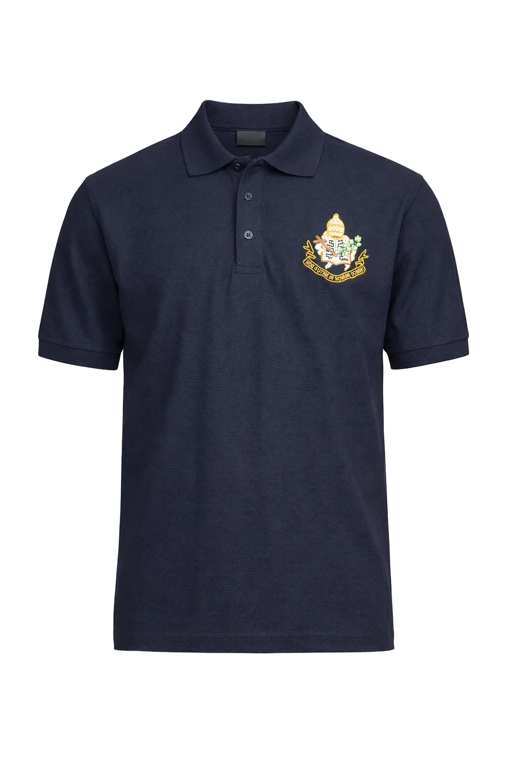 Navy blue polo shirt with a crest on a white background