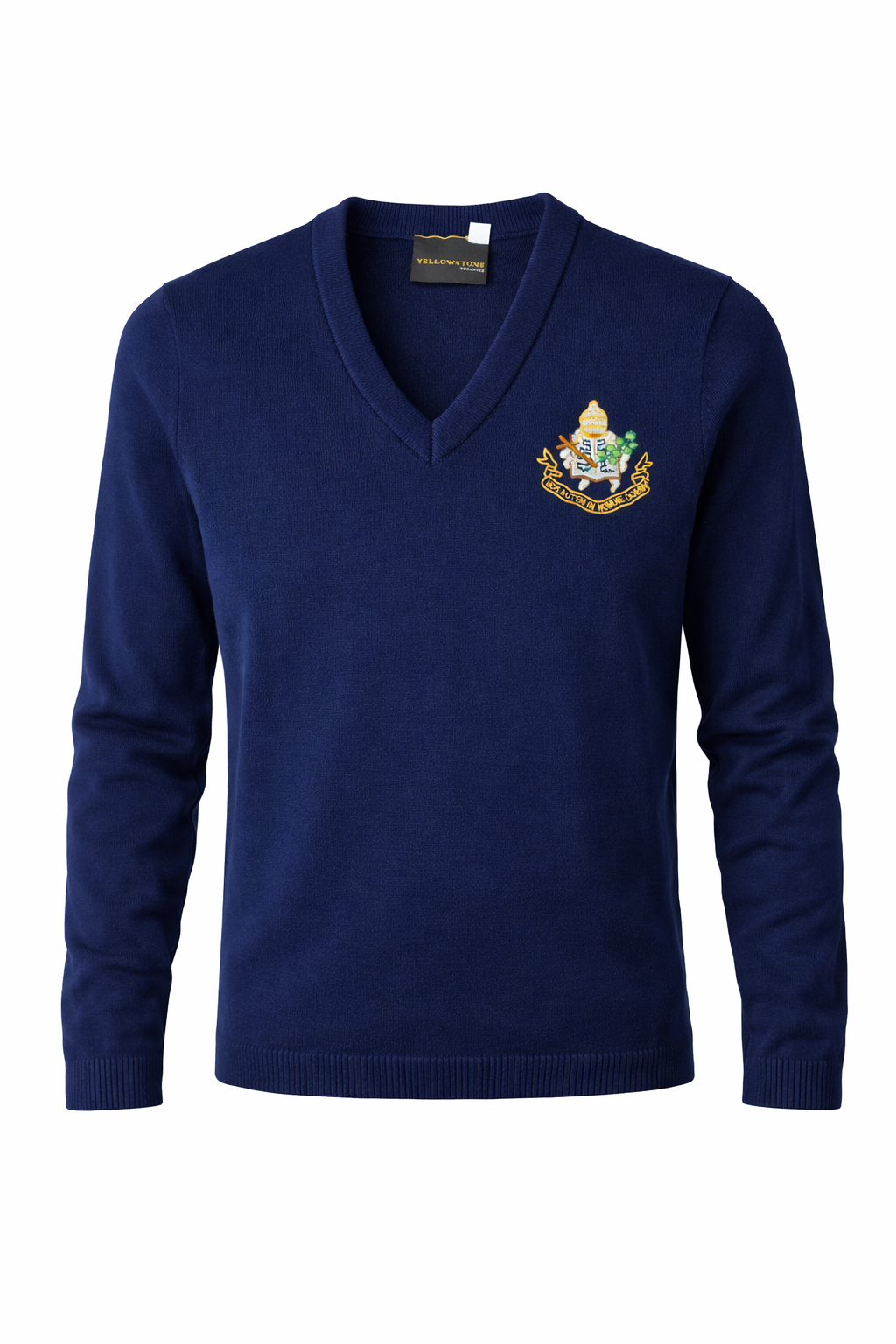 Navy blue sweater with a crest on a white background