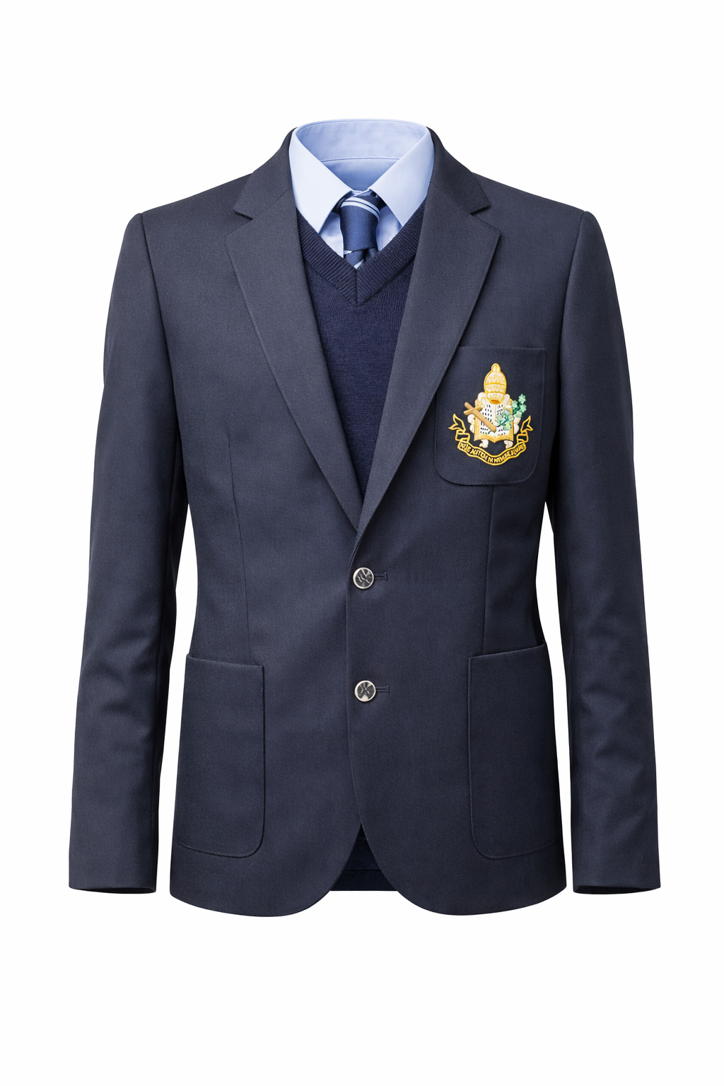 Navy blazer with a crest on a white background