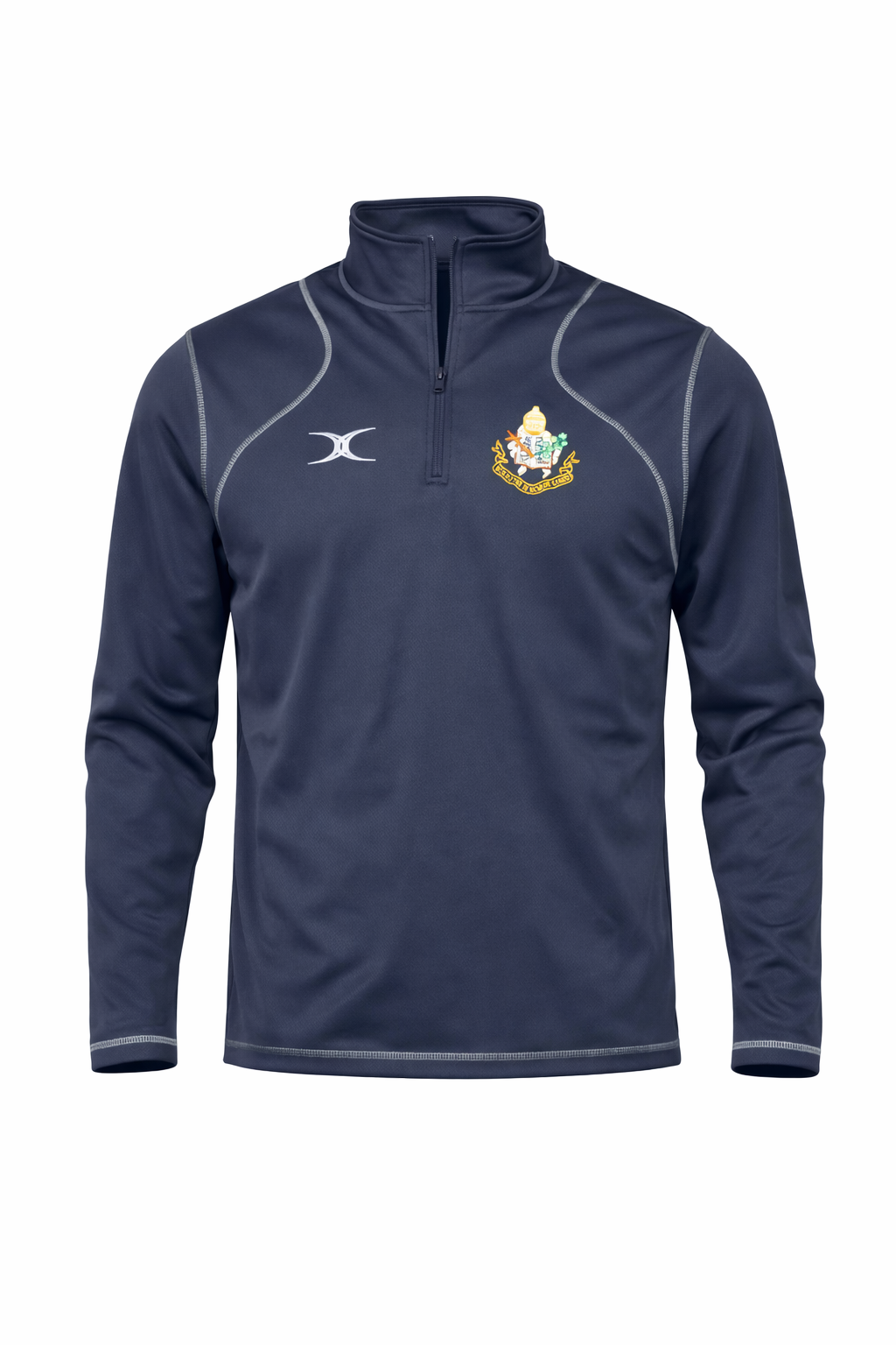 Navy long-sleeve athletic shirt with a logo on a white background