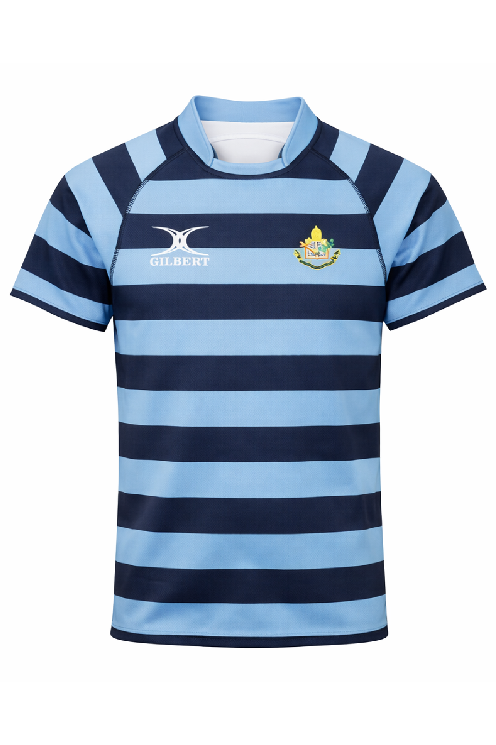 Blue and navy striped rugby shirt with a logo on a white background