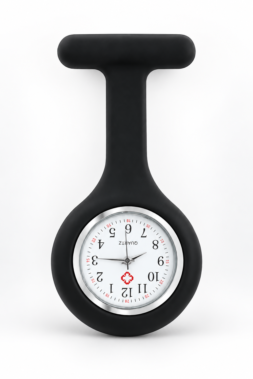 Black silicone nurse clock with a T-shaped handle and a round analog watch face, shown on a white background.
