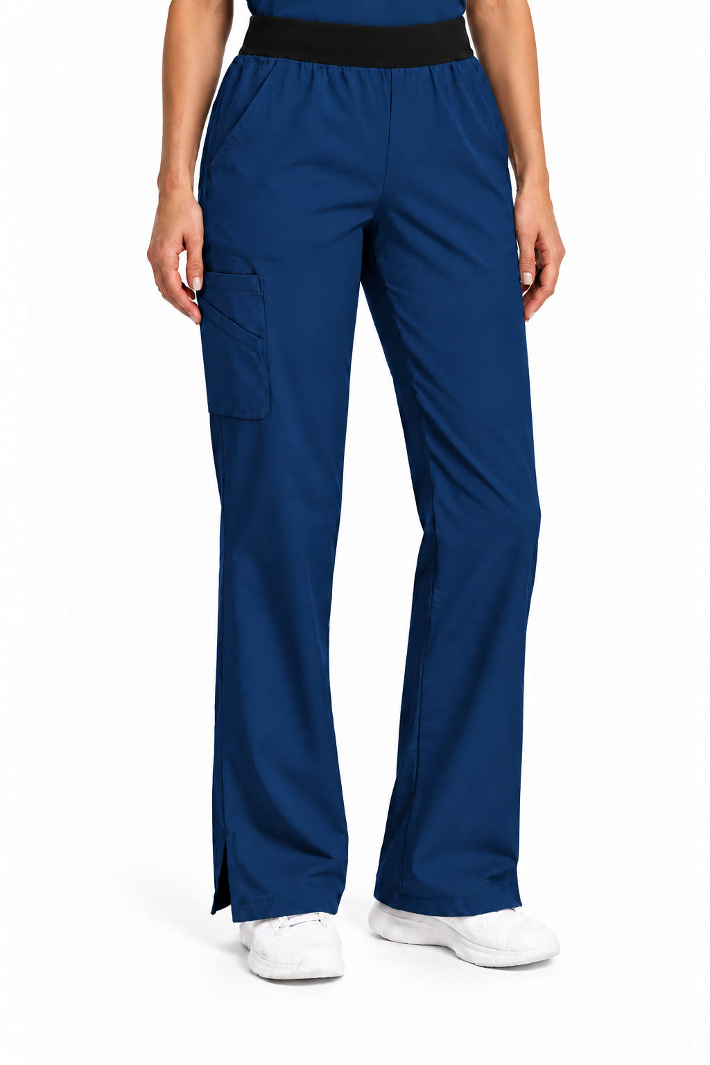 A person wearing a pair of navy blue scrub pants with a black elastic waistband, shown from the waist down on a white studio background.