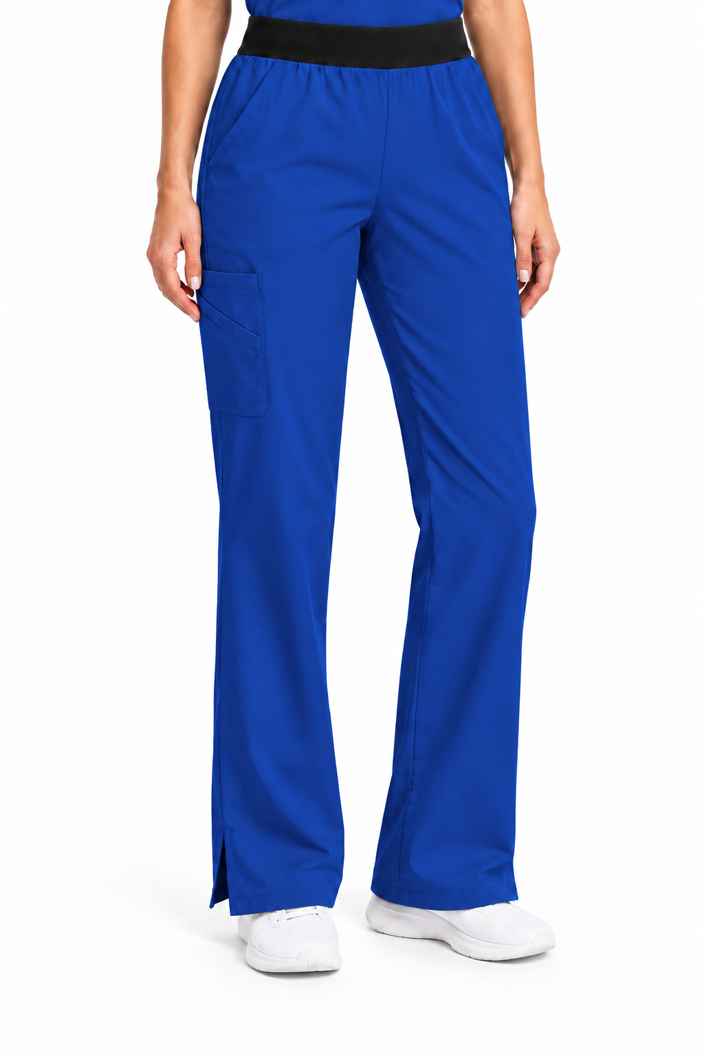 A person wearing bright royal blue scrub pants with a black elastic waistband, shown from the waist down on a clean white studio background.