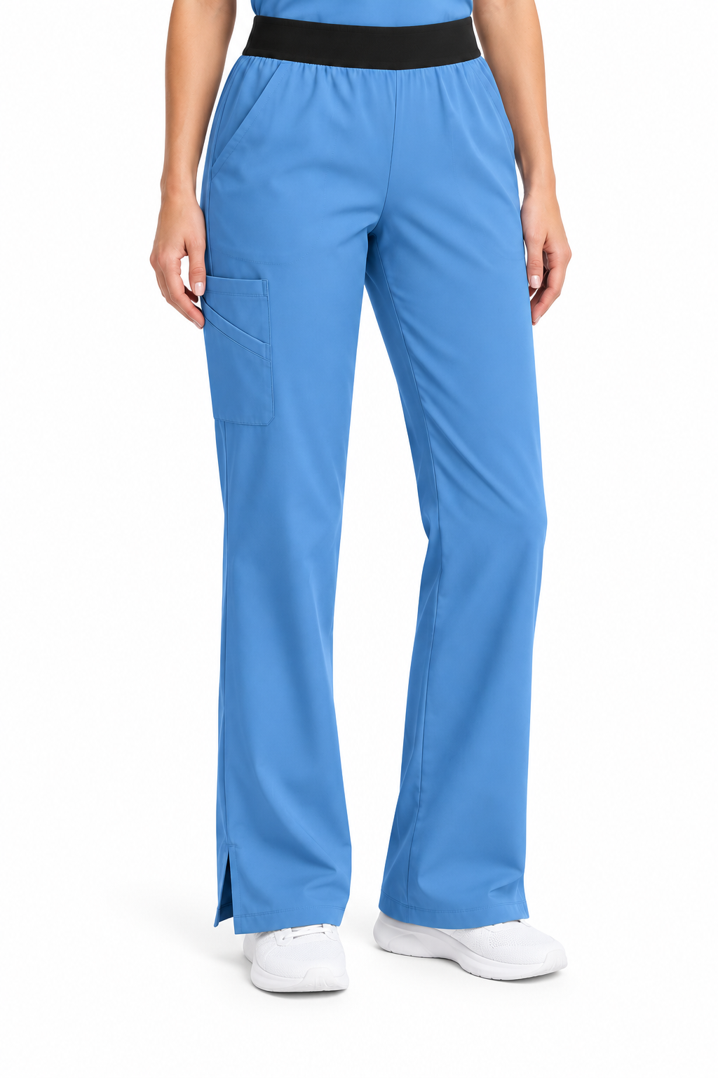 A person wearing bright blue scrub pants with a black elastic waistband and white sneakers, shown from the waist down on a plain white studio background.