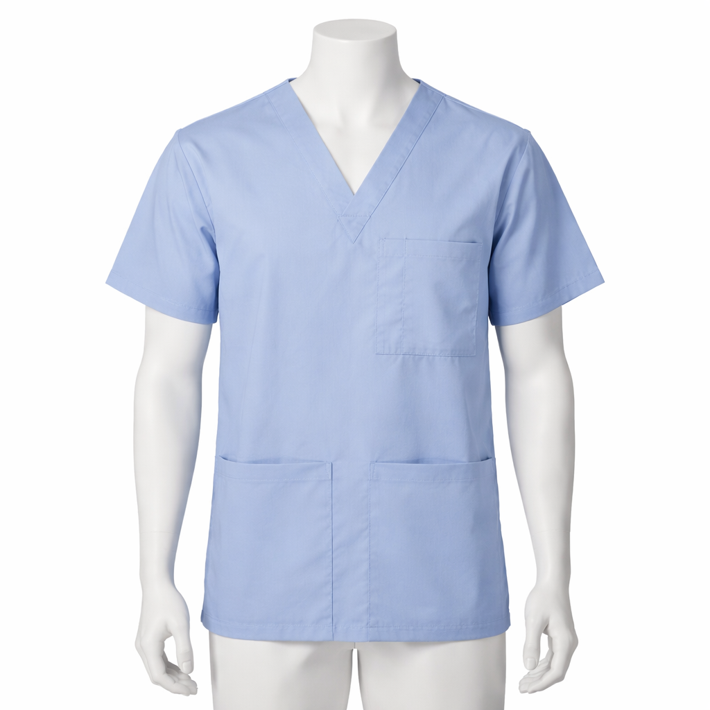 Light blue scrub top on a mannequin against a white background