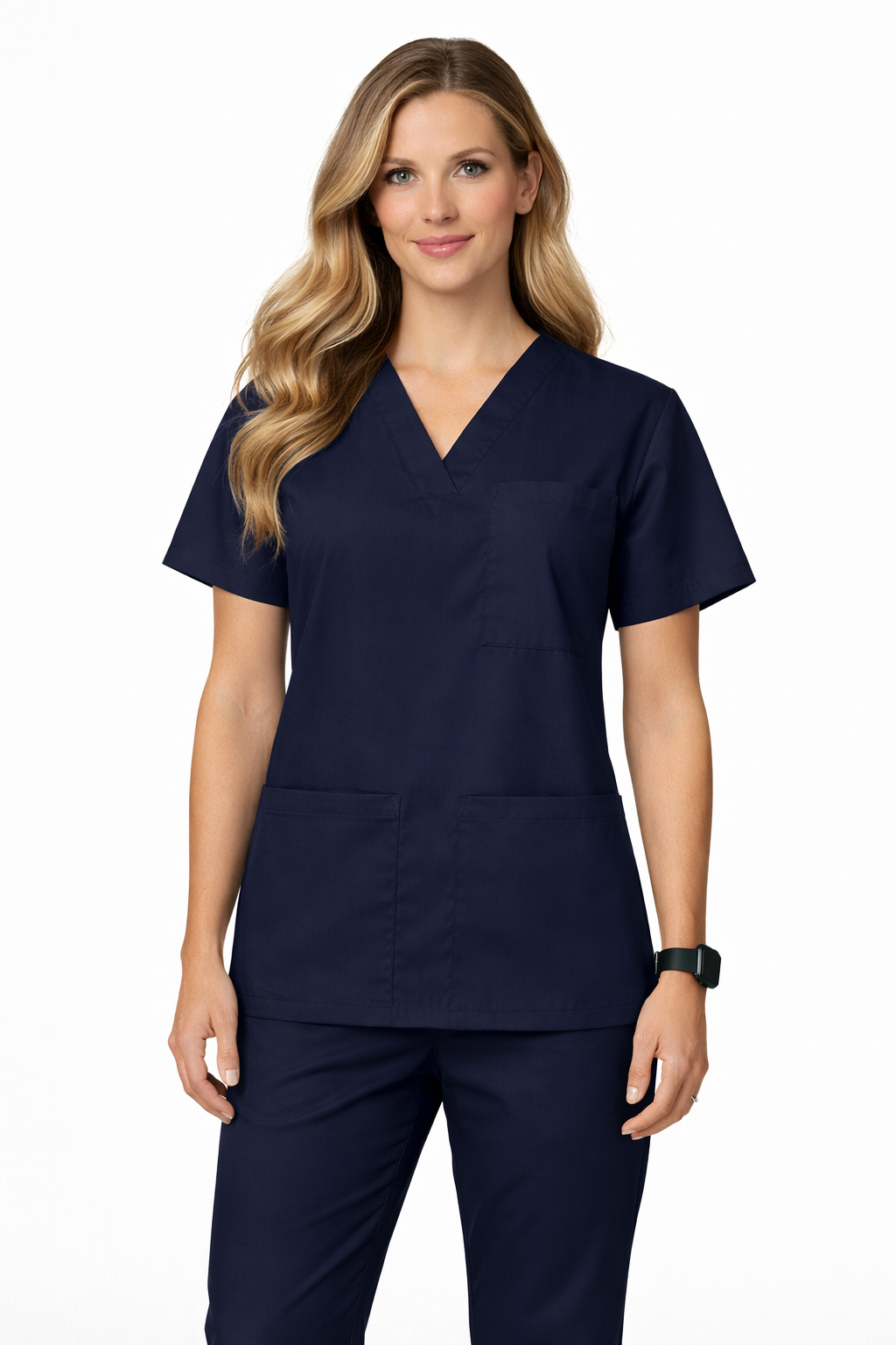 Woman wearing navy blue scrubs on a white background