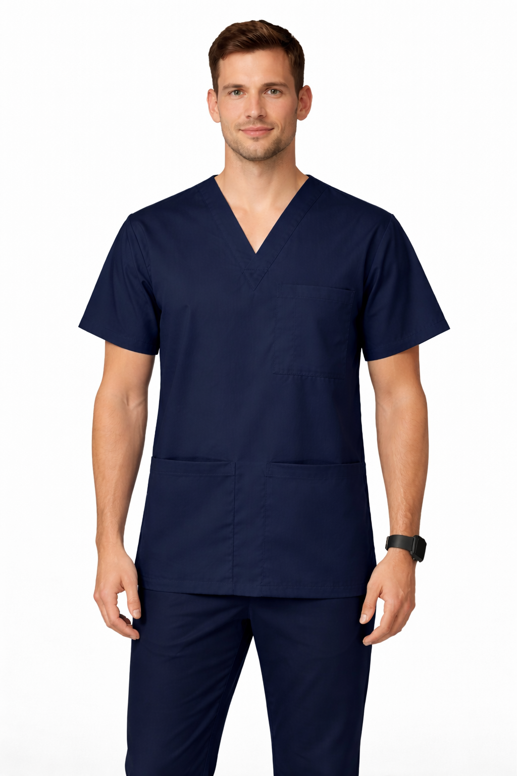 Man wearing navy blue medical scrubs on a white background