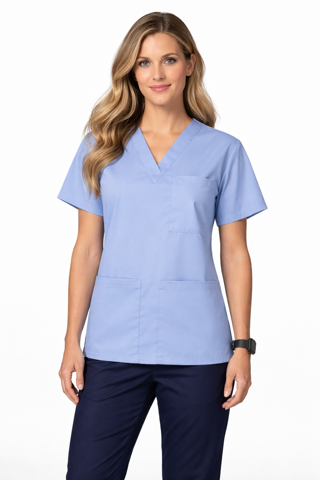 Woman wearing a light blue scrub top and navy pants on a white background